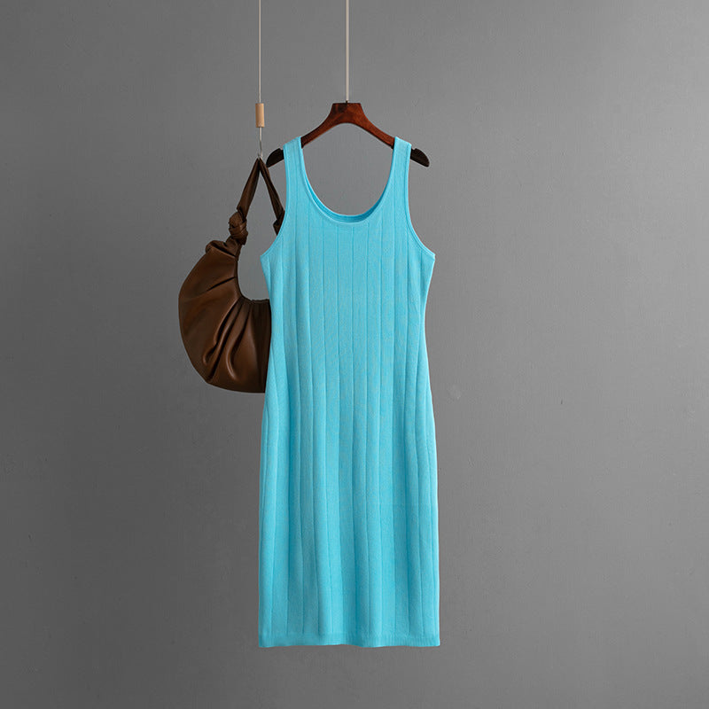 Slim Fit Double round Neck Solid Color Knitted Sling Dress Slimming Slimming Sexy Sheath Dress