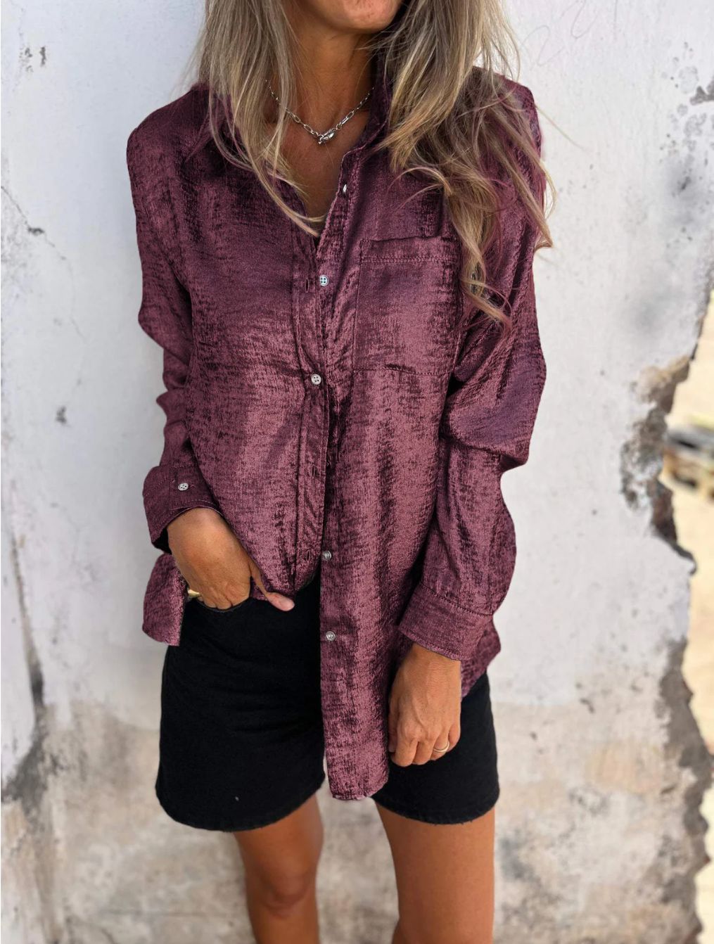 Spring Women Clothing Casual Suede Polo Collar Shirt