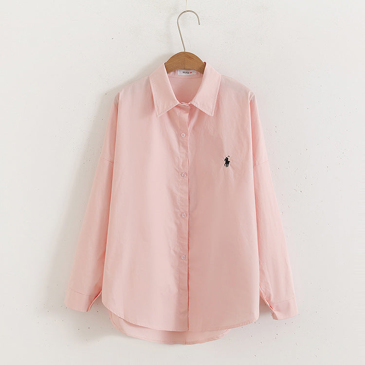 Pony Embroidered Blue Shirt Women Long Sleeve Loose Niche Shirt