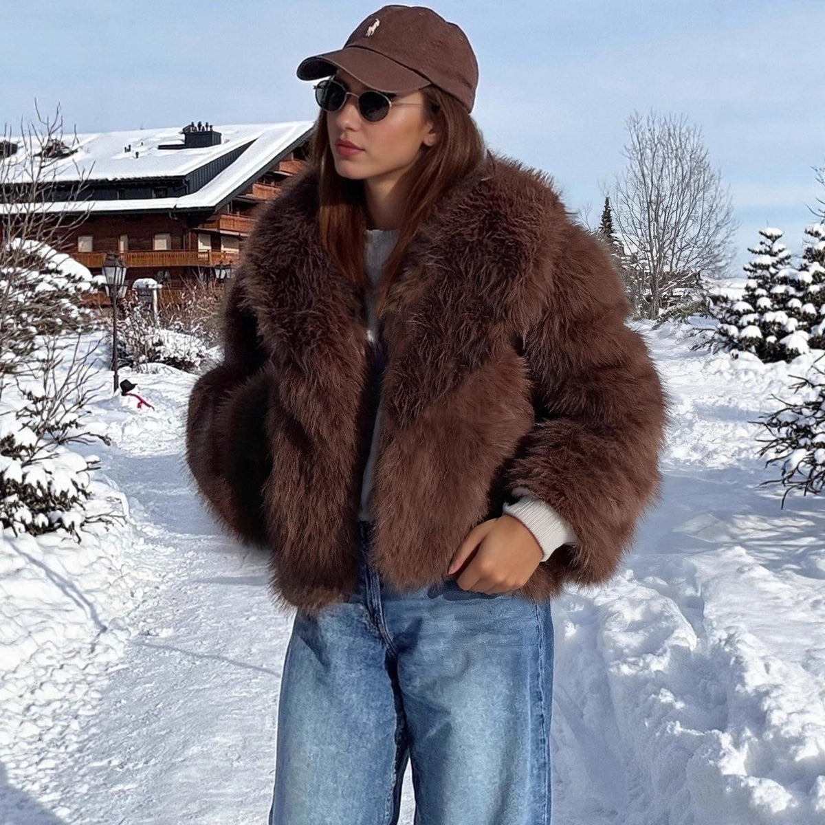 Autumn Winter Women Clothing Idle Collared Thickening Faux Fur Effect Plush Environmental Protection Fur Overcoat Coat