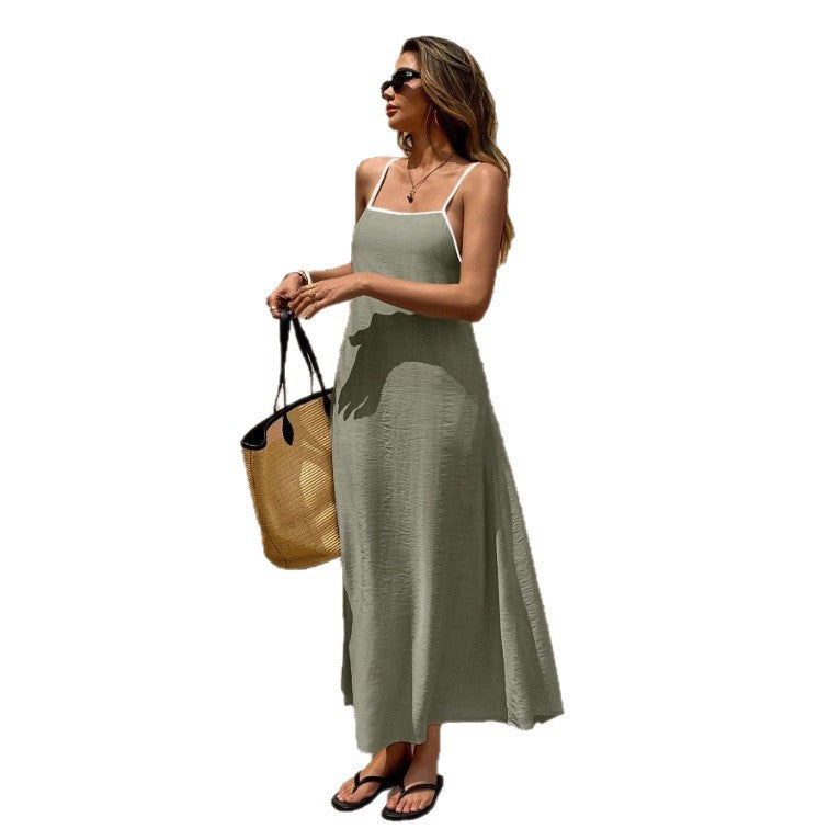 Off-the-shoulder backless solid color suspender strap-up long dress dress