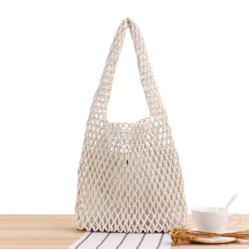 Solid Color Net Pocket Hand-Woven Bag Mori Hand-Tied Cotton Thread Hand-Carrying Shoulder Vacation Beach Bag