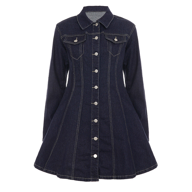 Graceful Fashionable Breasted Denim Dress Women Retro Solid Color Slim Fit Slimming Pleated Dress