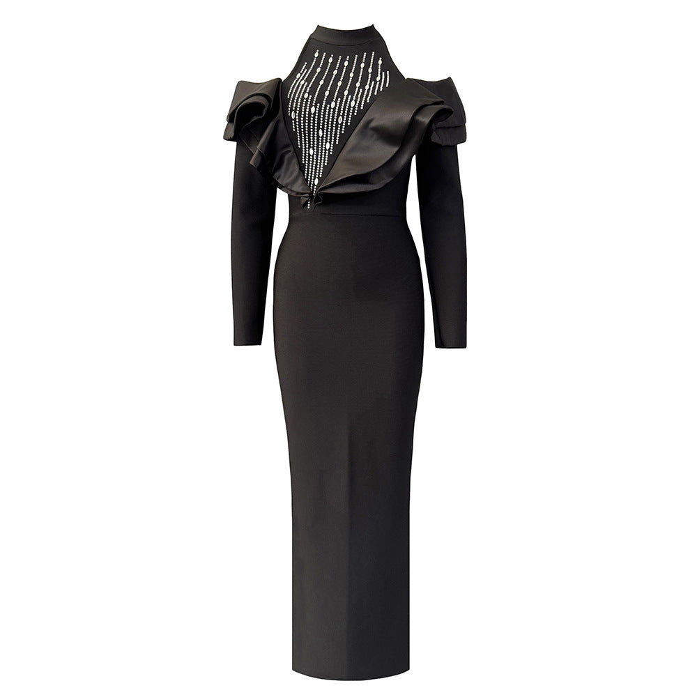 Sexy Strapless Rhinestone Bandage One Piece Dress Elegant Ruffle Long Sleeve Formal Dress