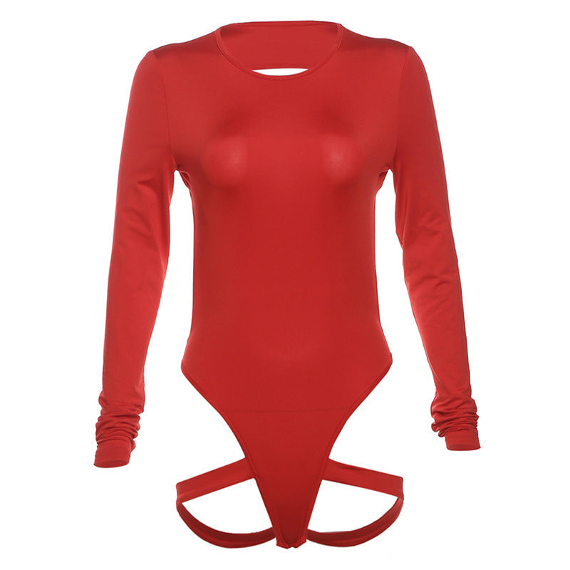 Summer Sexy Tight Solid Color Backless Bottoming Casual Long Sleeve Jumpsuit Women