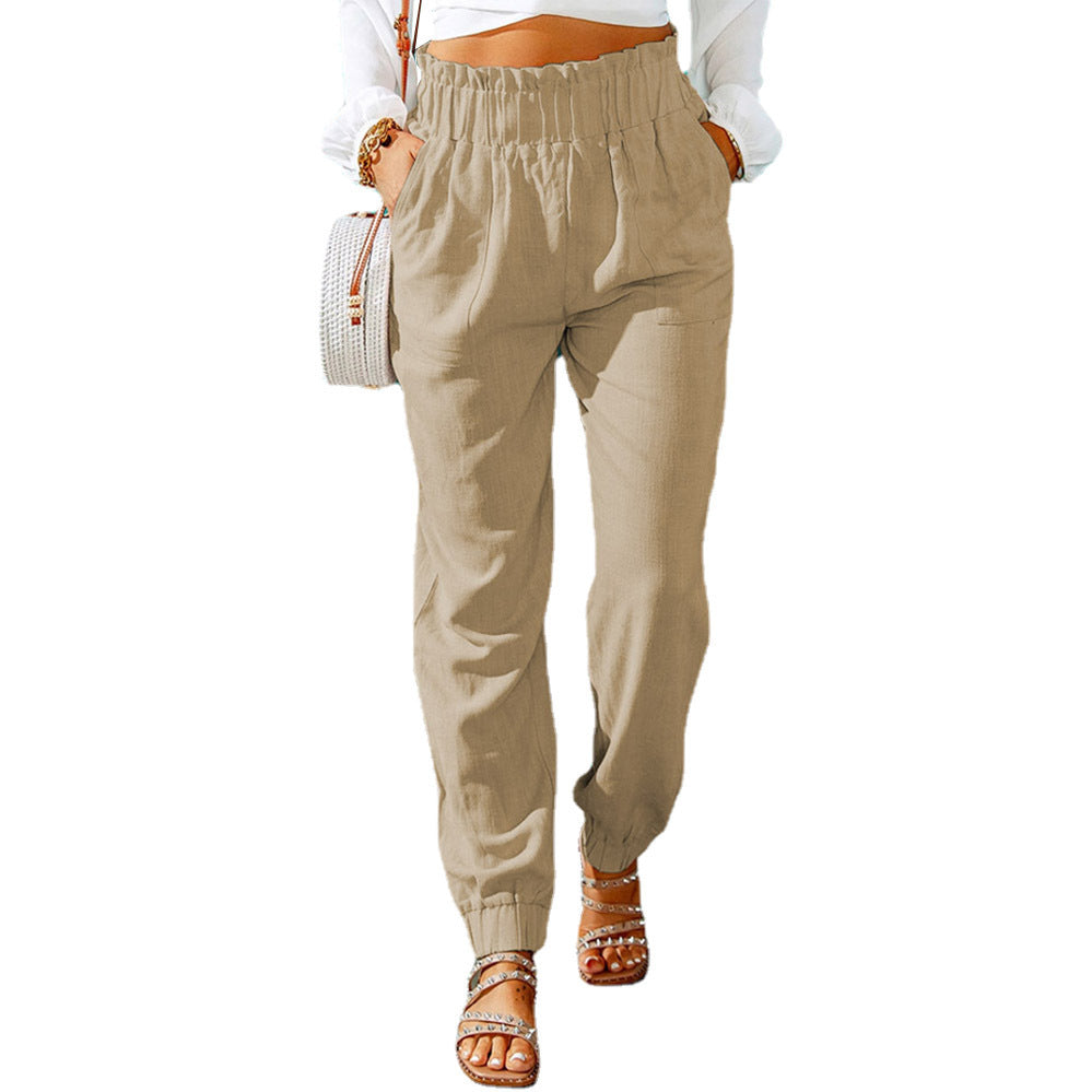 Women Clothing Spring Ruffled Elastic Waist High Waisted Trousers