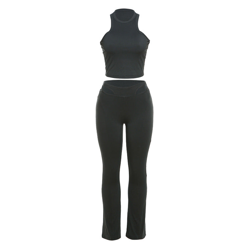 Spring Sexy Cropped Slimming Vest High Waist Hollow Out Cutout out Tight Pants Casual Set