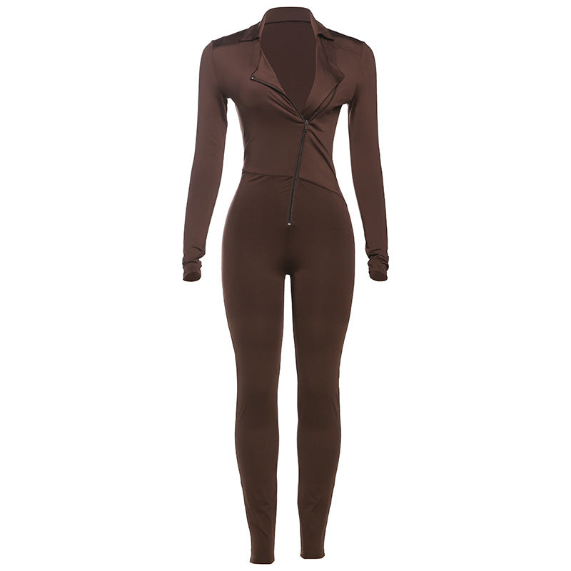 Spring Women Clothing Sexy Tight V neck Long Sleeve Sports Casual Solid Color Jumpsuit