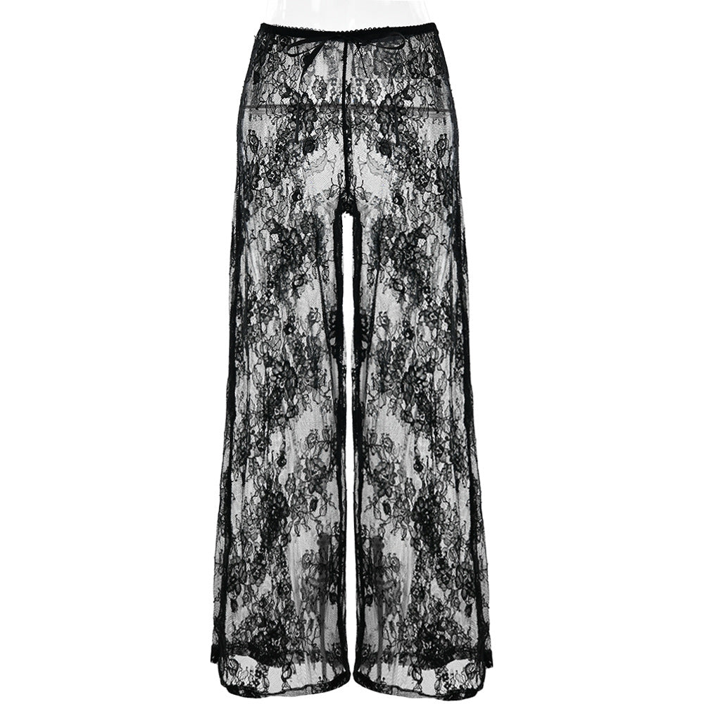 Women Clothing Summer Lace See through High Waist Trousers Sexy Sexy Casual Baggy Straight Trousers