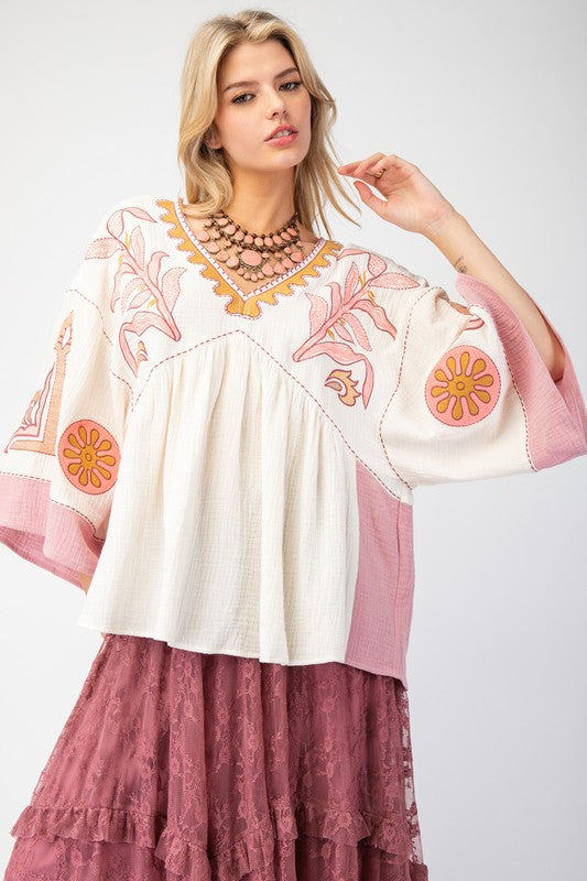 Spring Summer Women Clothing V neck Stitching Flare Sleeve T shirt Contrast Color Loose Top for Women