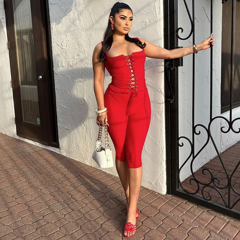 Women Clothing Summer Sexy Chest Strap Vest Slim Solid Color Shorts Two Piece Sets