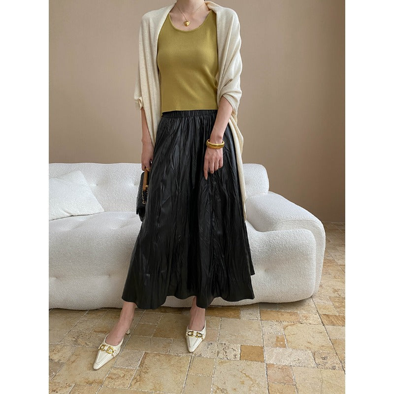 Early Autumn Light Luxury Texture Pleated Faux Leather Elastic Waist A line Leather Skirt