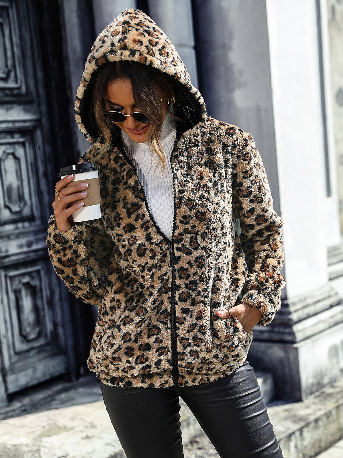 Autumn Winter Women Hooded Long Sleeve Leopard Print Mid Length Plush Loose Casual Jacket