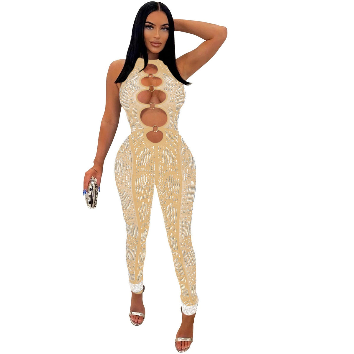Women Wear Mesh See through Rhinestone Sleeveless Trousers Jumpsuit