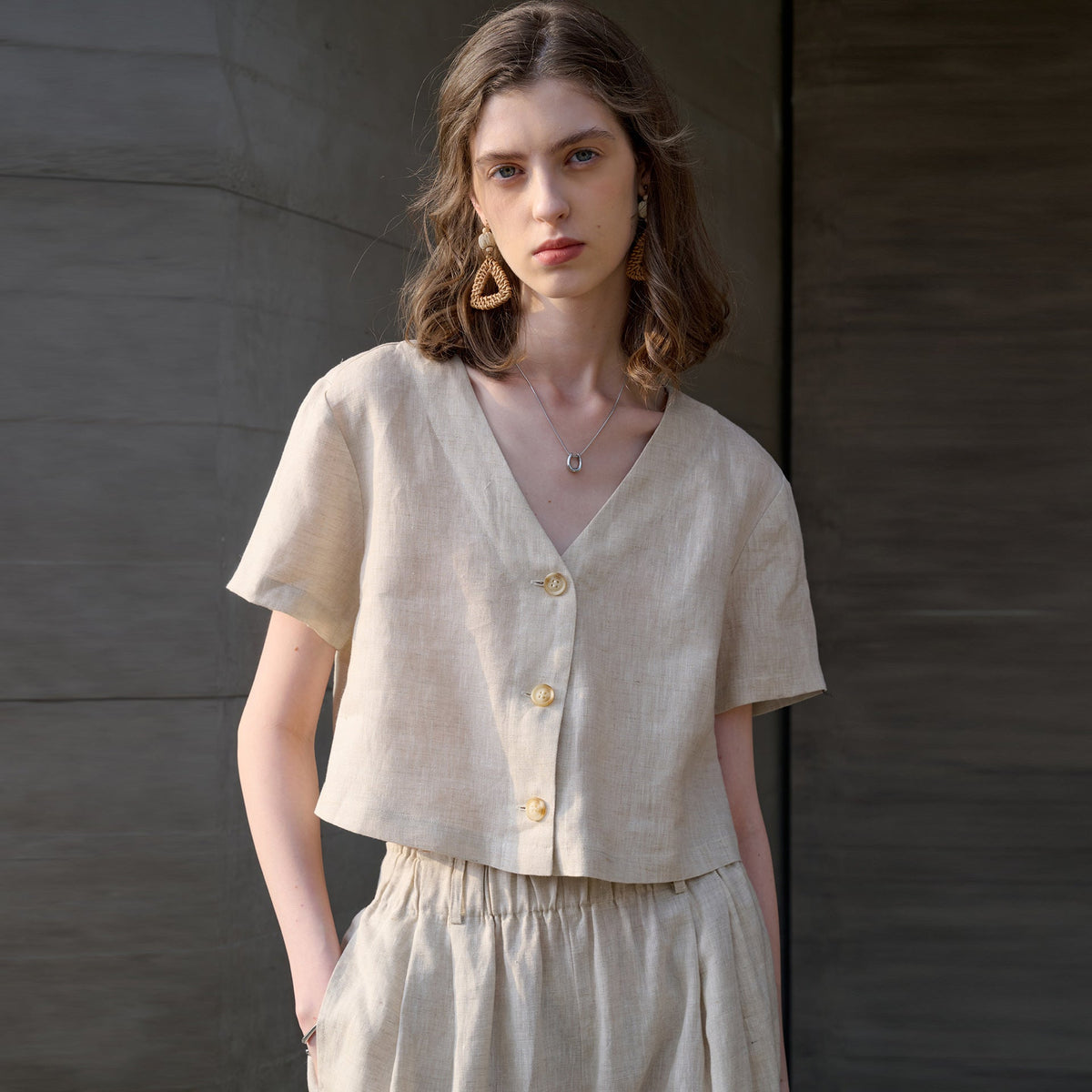 Pure Linen Short Sleeved Top Summer Slimming Cardigan Comfortable Breathable V neck Shirt