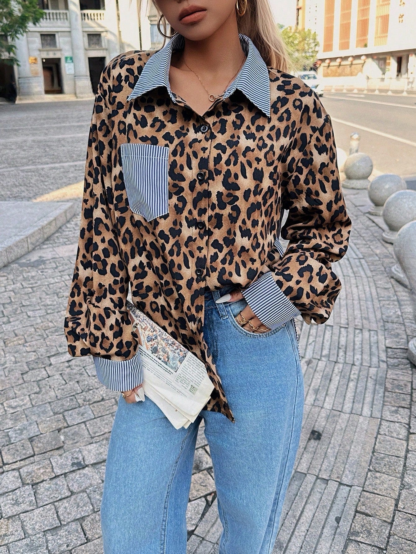 Leopard Splicing Loose Casual Long Sleeves Polo Collar Shirt