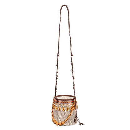Bohemian small straw bag, seaside vacation mini bucket bag, leisure travel shoulder bag, small woven bag women hobo