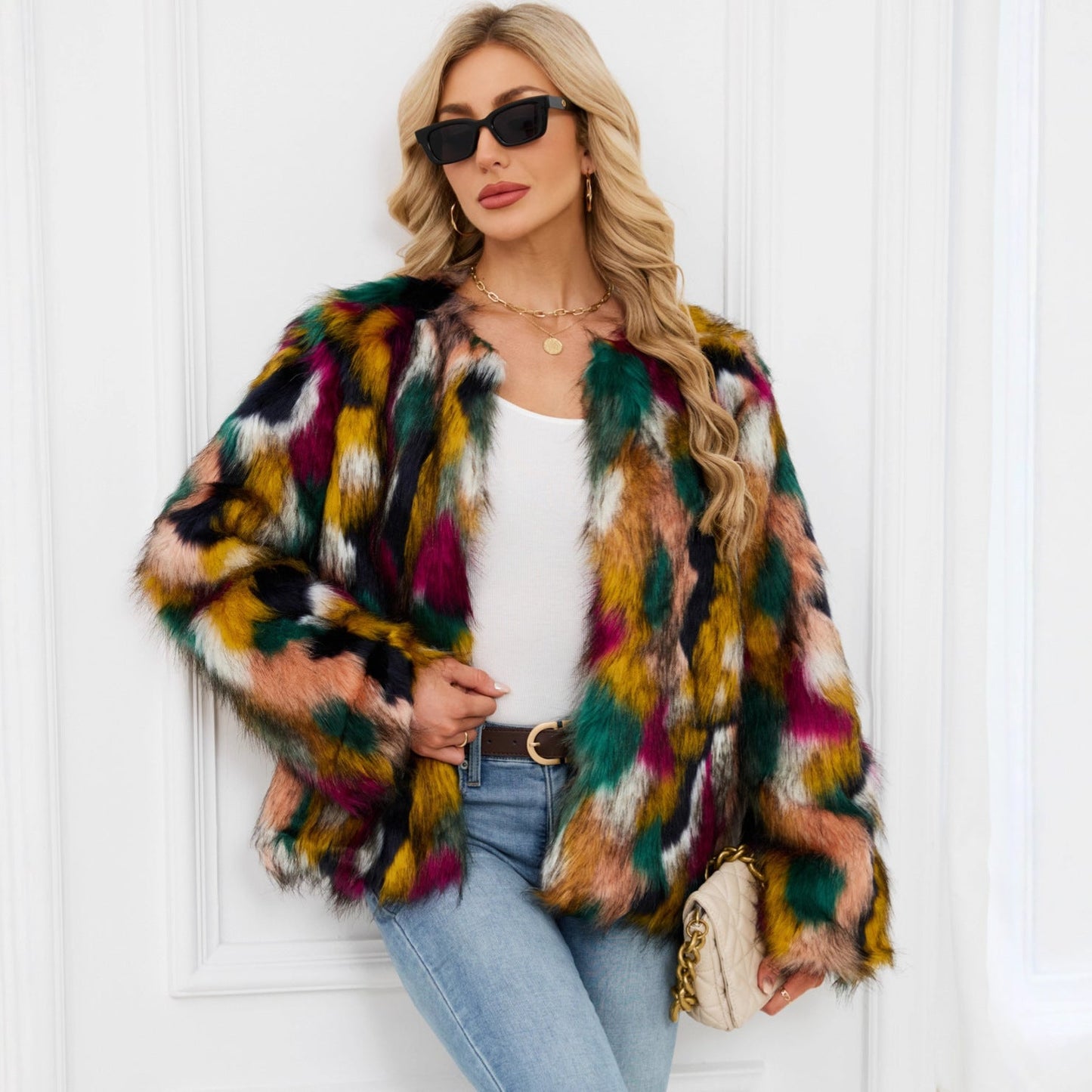 Colorful Fur Faux Fur Coat Short Long Sleeve Collarless Casual Women Winter Faux Fur Coat