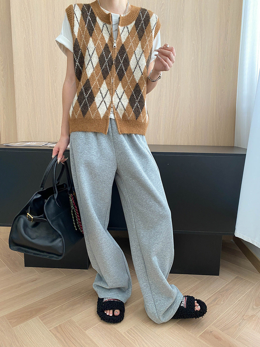 Mid Ancient Design College Hit Color Diamond Lattice round Neck Double Zipper Knitted Vest