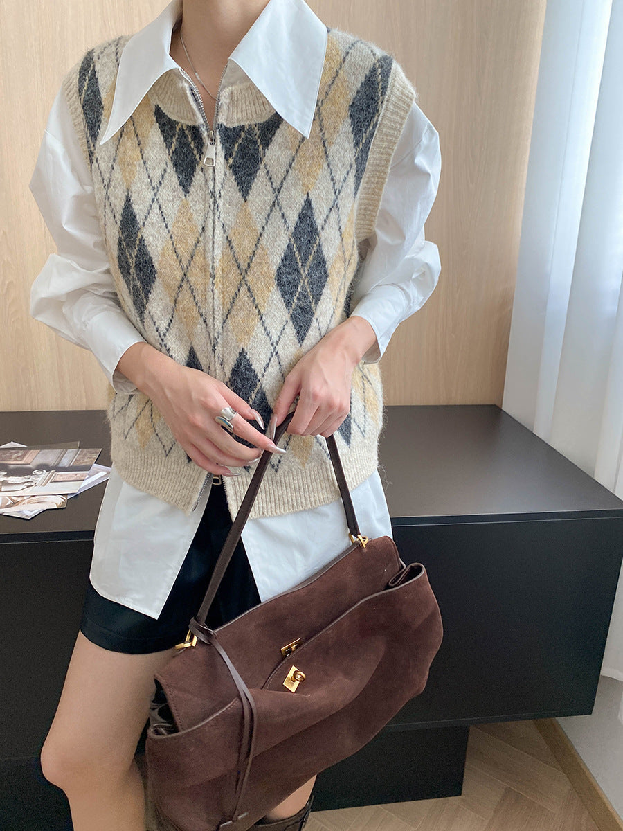 Mid Ancient Design College Hit Color Diamond Lattice round Neck Double Zipper Knitted Vest