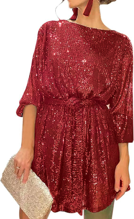 Summer Sequined Round Neck Long Sleeve Casual Loose Beaded Dress
