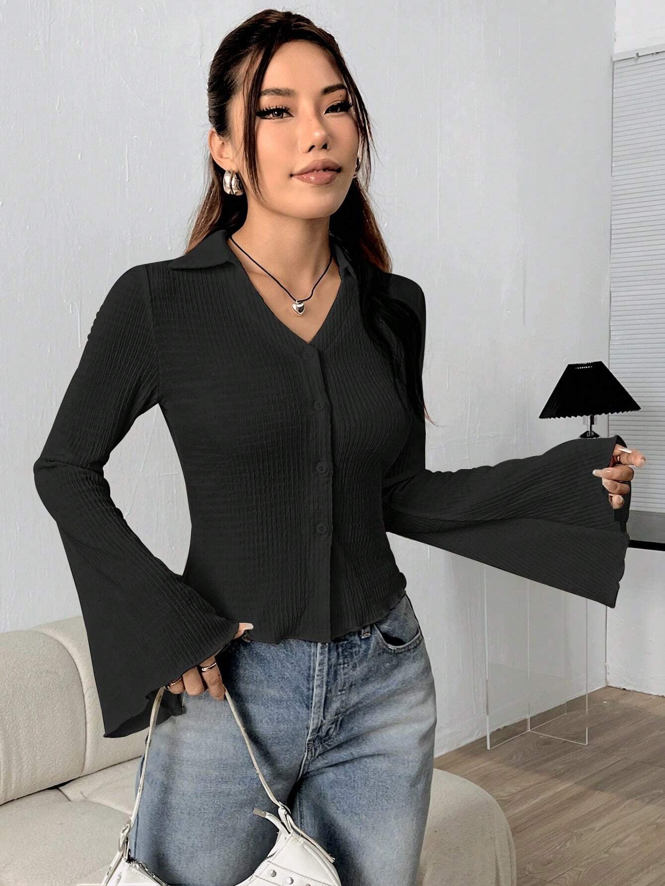 Casual Polo Collar Single Breasted Shoulder Bell Sleeve Solid Color Long Sleeved Top