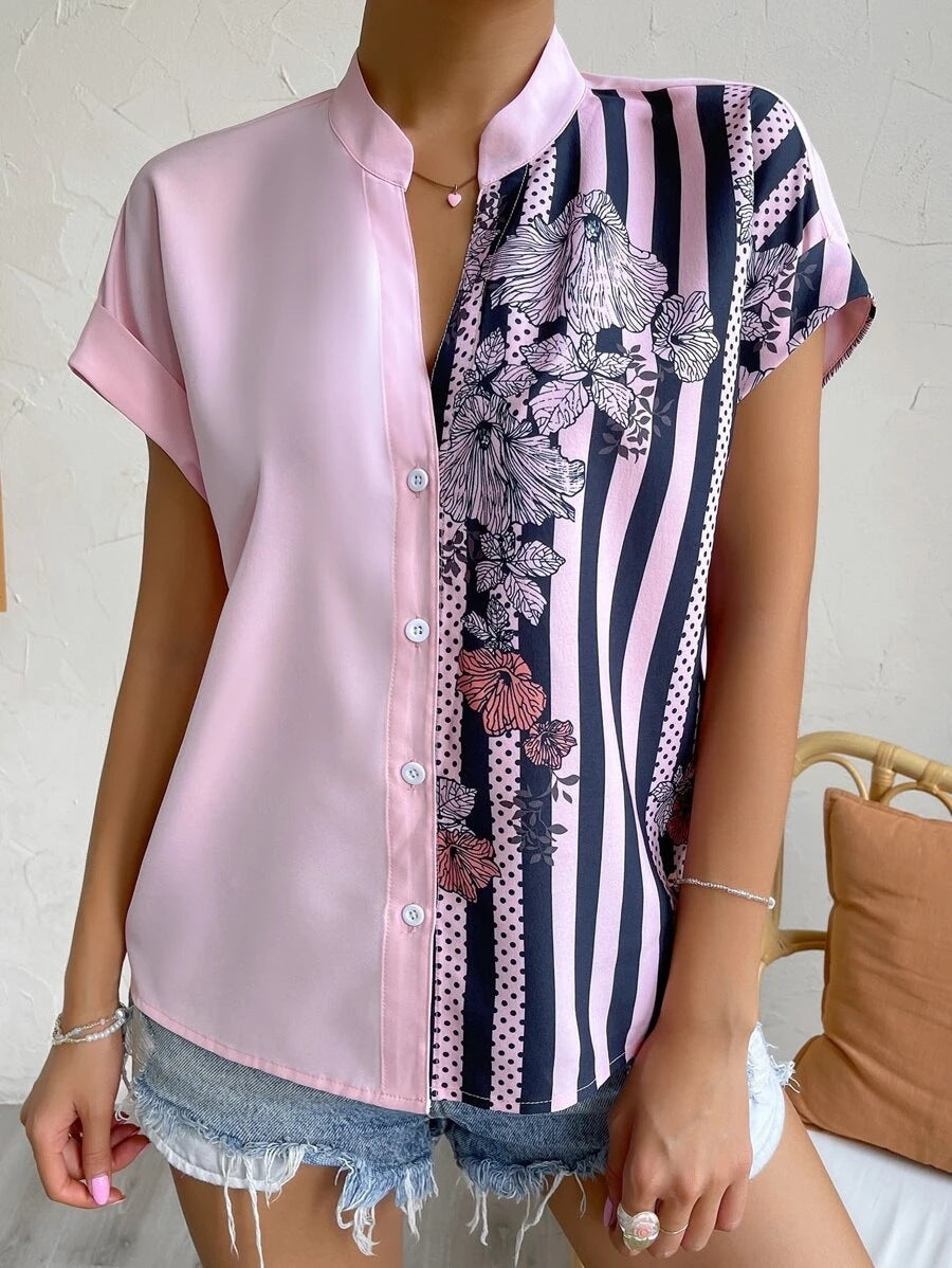 Women Clothing Summer Double Matching Contrast Color Floral Button Cardigan Short Sleeve Shirt Women