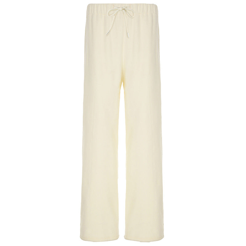 Autumn Winter Comfortable Warm Polar Fleece Elastic Waist Drawstring Design Solid Color All Matching Casual Trousers