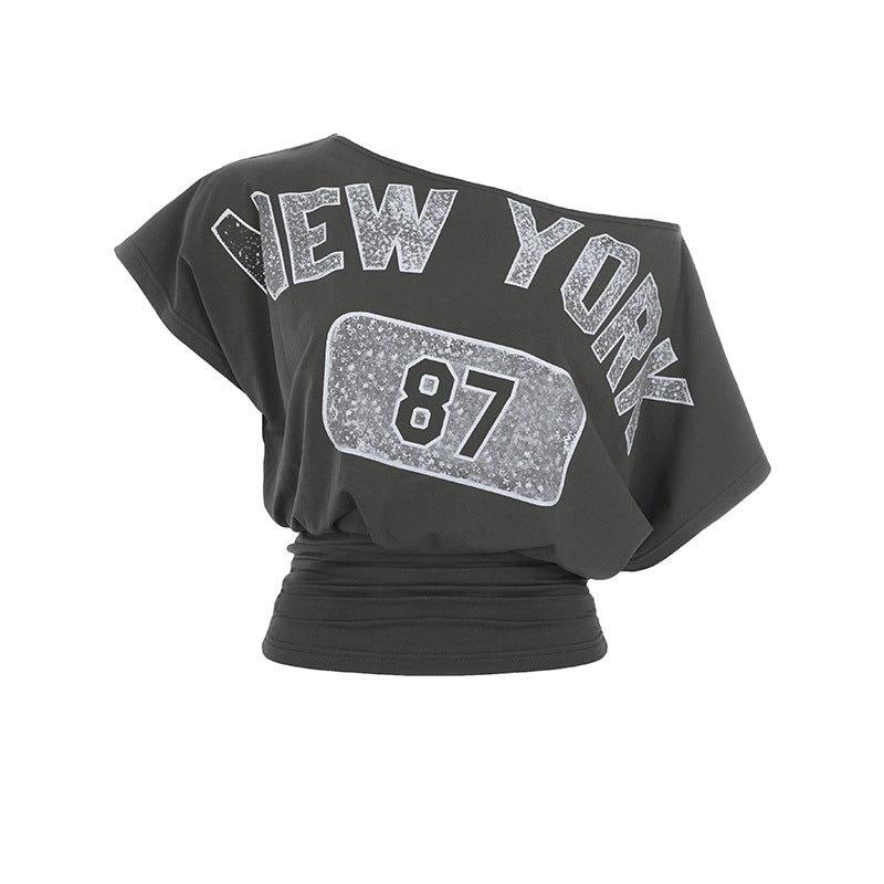 Street Casual Two Piece Sets Letters Printed Waist Controlled Diagonal Shoulder T shirt Breasted Slim Denim Shorts