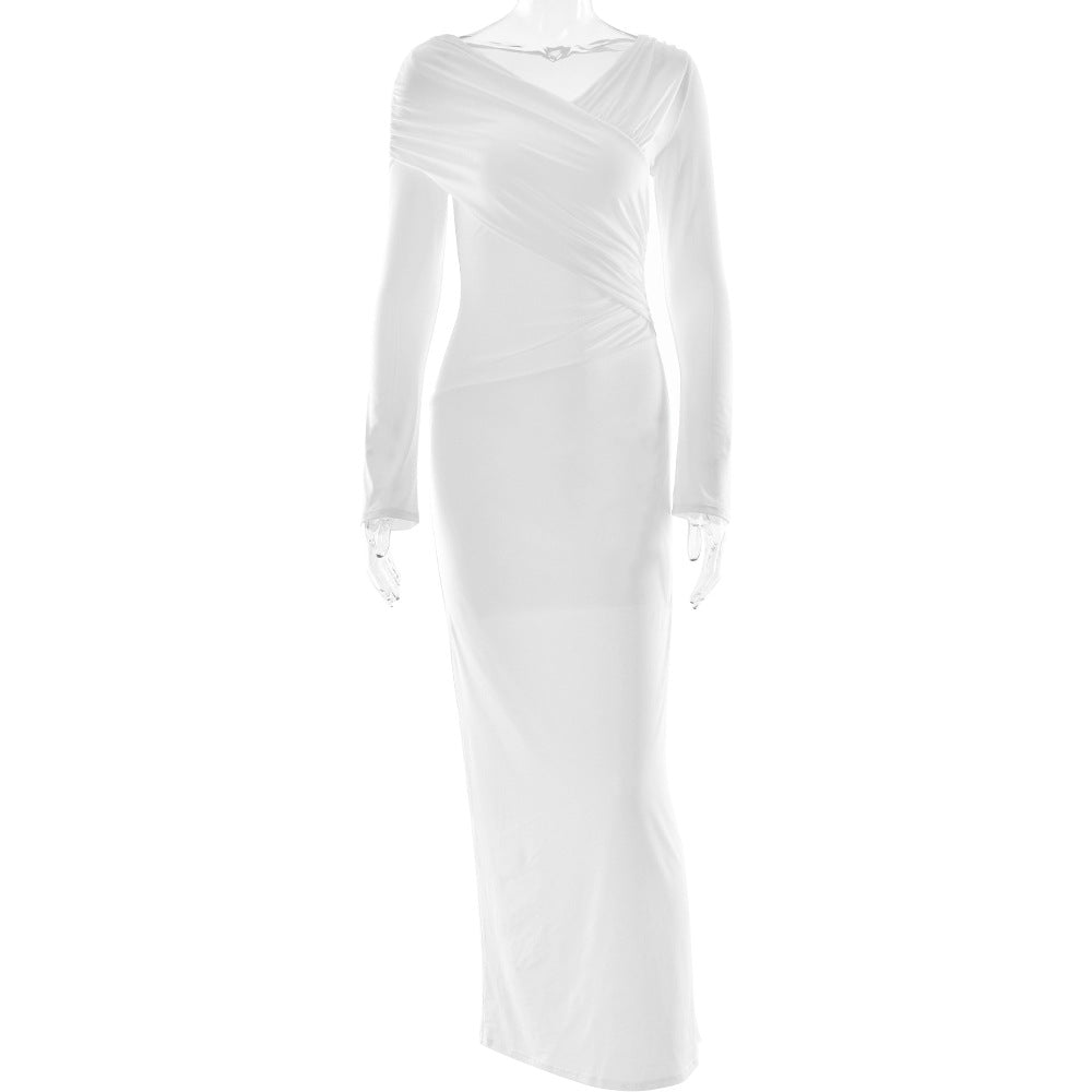 Women Spring Sexy V neck Pleated Hip Dress