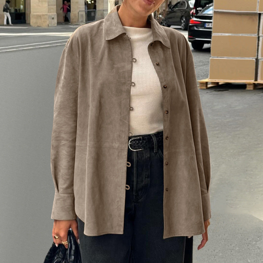 Spring Summer Retro Khaki Knitted Suede Fabric Loose Lapels Shirt Sleeve Minority Shirt Women