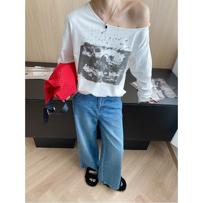 Early Autumn Niche Shoulder Design Retro Printed Loose Long Sleeves T shirt