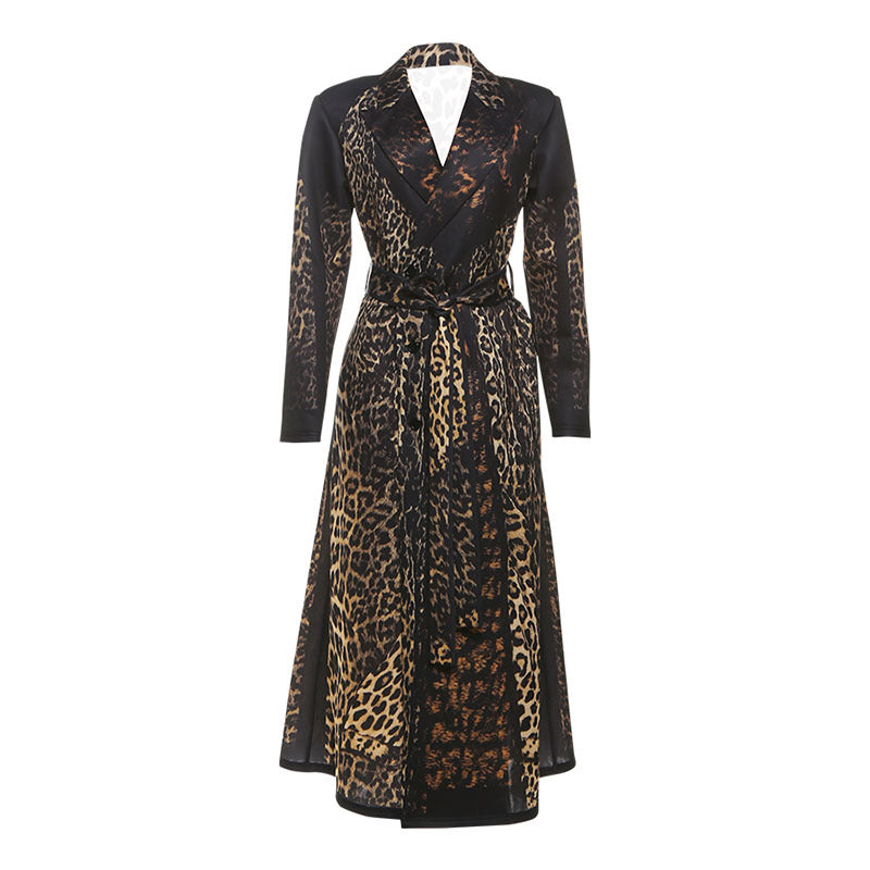 Autumn Winter Women Clothing Collared Print Leopard Print Long Casual Bandage Trench Coat
