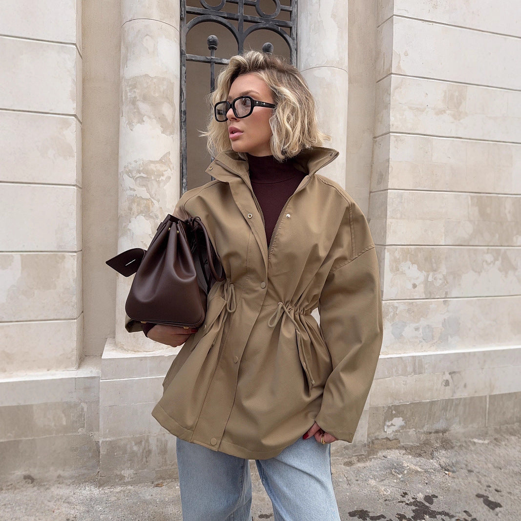 Stand Collar Mid Length Trench Coat Autumn Winter Drawstring Waist Trimming Coat Pure Cotton Wind Coat Women