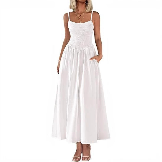 Women's Wear, Thin Shoulder Strap Pleated Vest, Suspender Pocket Dress