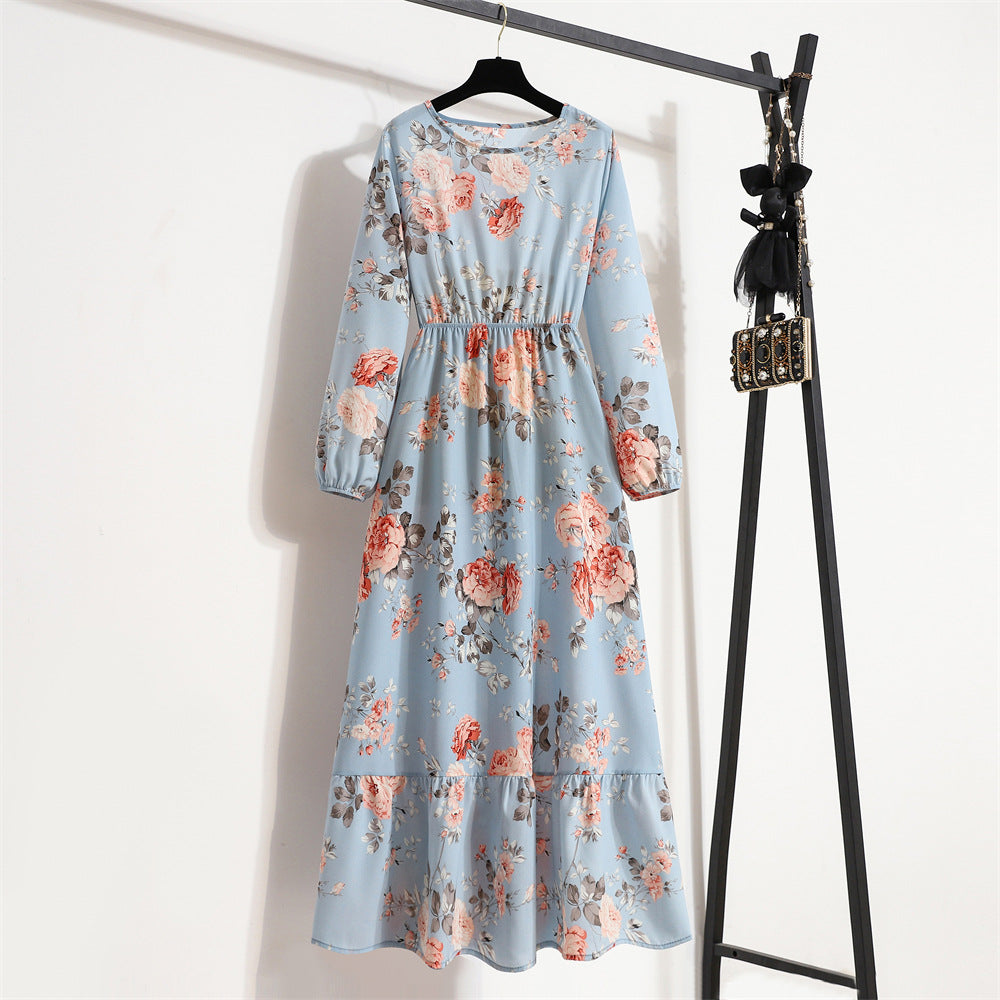 Spring and Autumn floral chiffon dress waist thin long sleeve round neck long printed skirt children