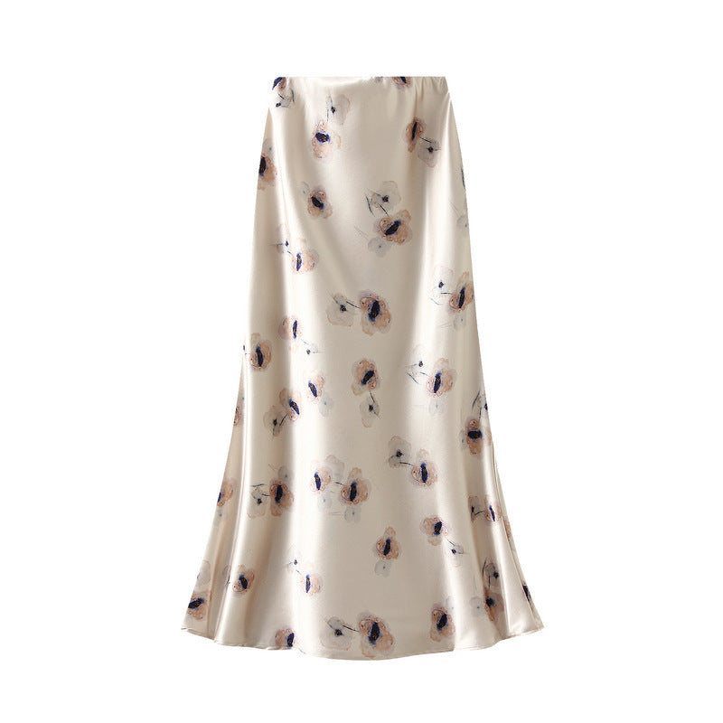 High Grade Satin Skirt Women Summer Printed Fishtail Skirt Slim Fit Mid Length Dress