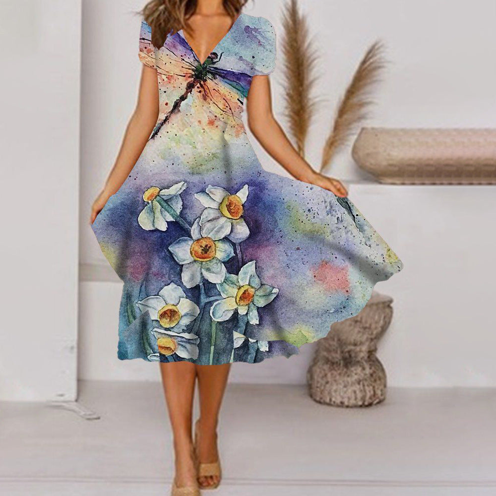 V Neck Bohemian Print Short Sleeve Dress - Flowy Casual Summer Dress with Elastic Waist