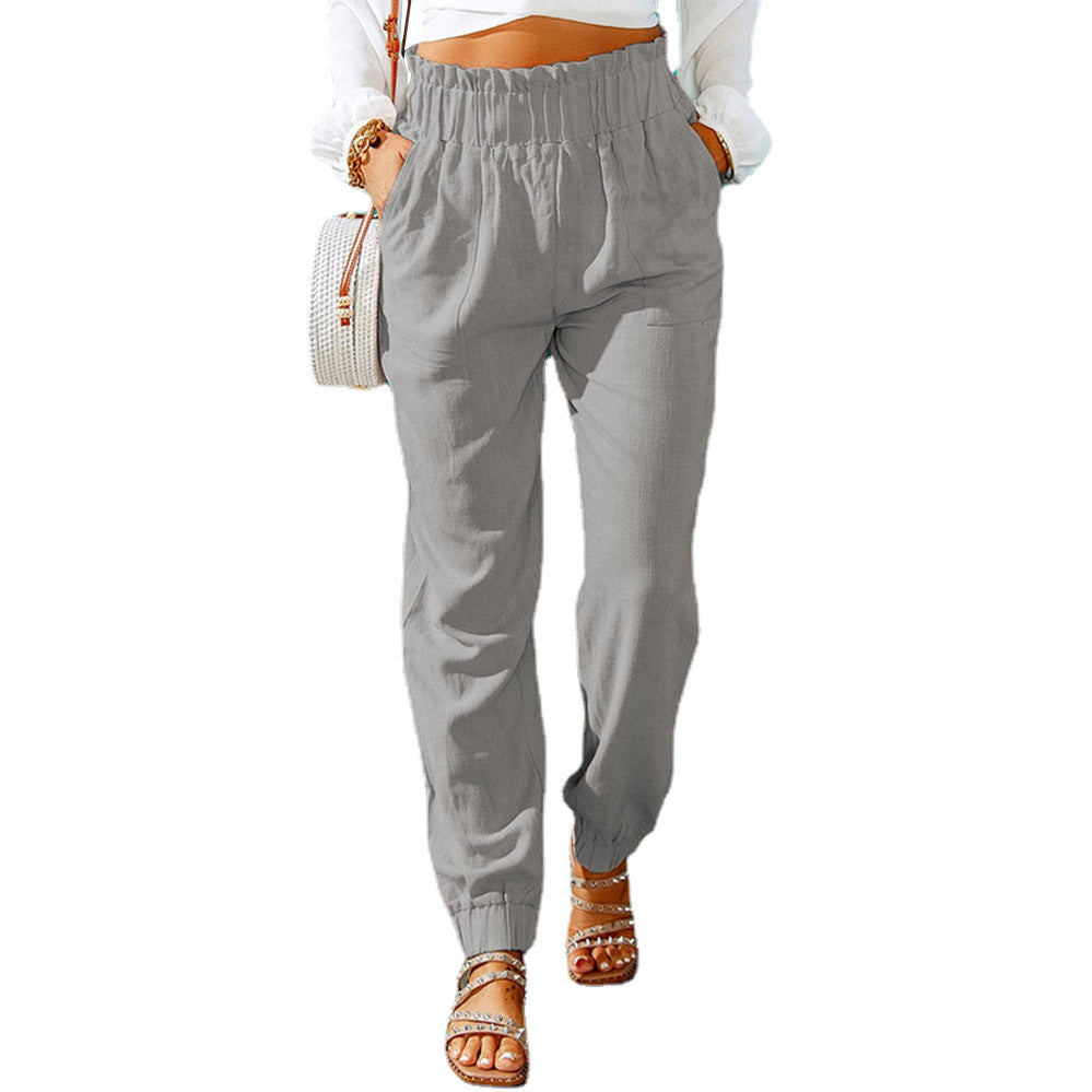 Women Clothing Spring Ruffled Elastic Waist High Waisted Trousers