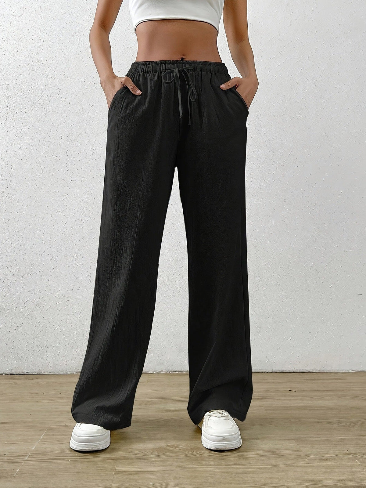 Women Clothing Spring Summer All Match Solid Color Loose Casual Draping Elastic Waist Drawstring Wide Leg Pants Trousers
