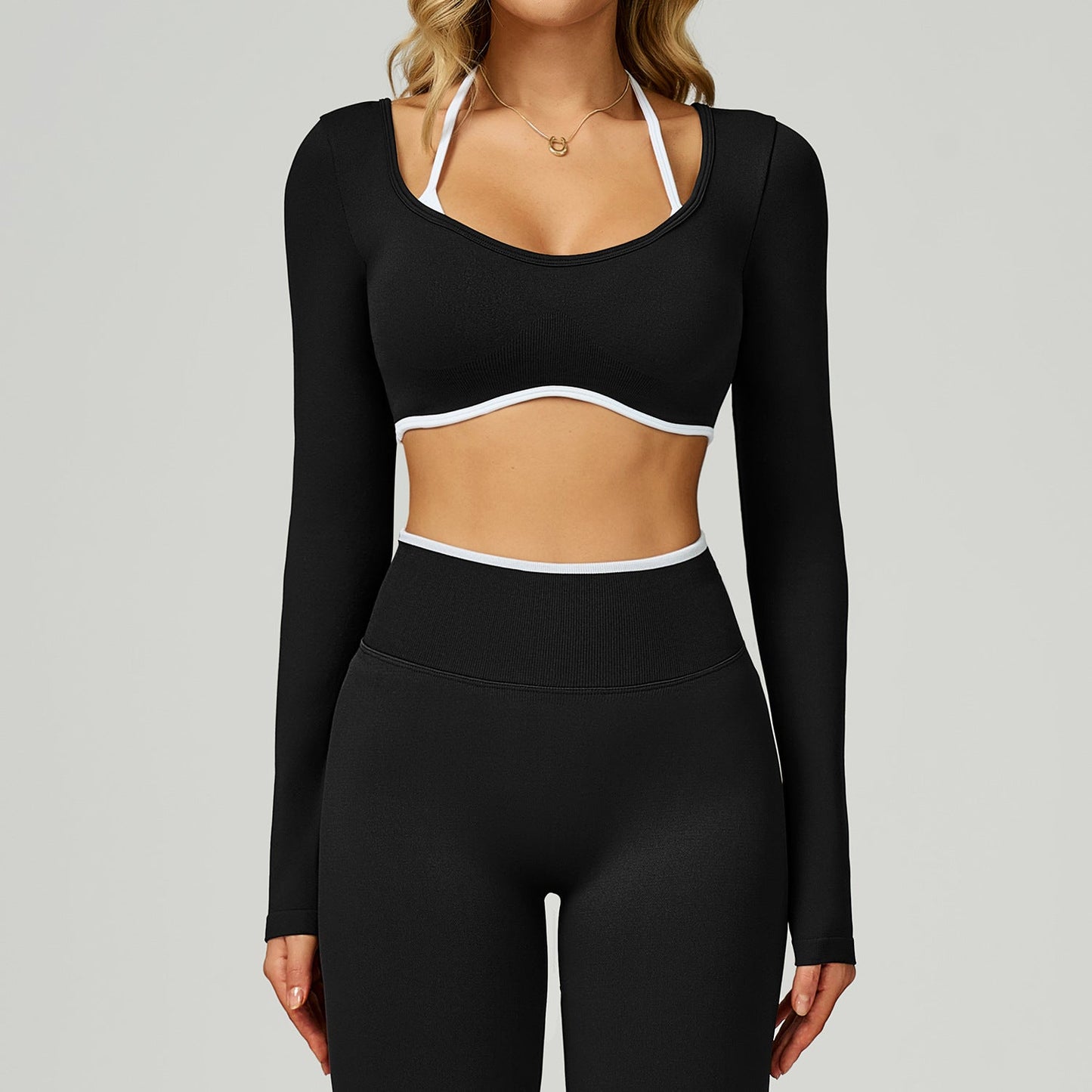 Seamless Contrast Color Yoga Long Sleeve Faux Two Piece Short Slim Fit Yoga T shirt Running Sports Workout Clothes