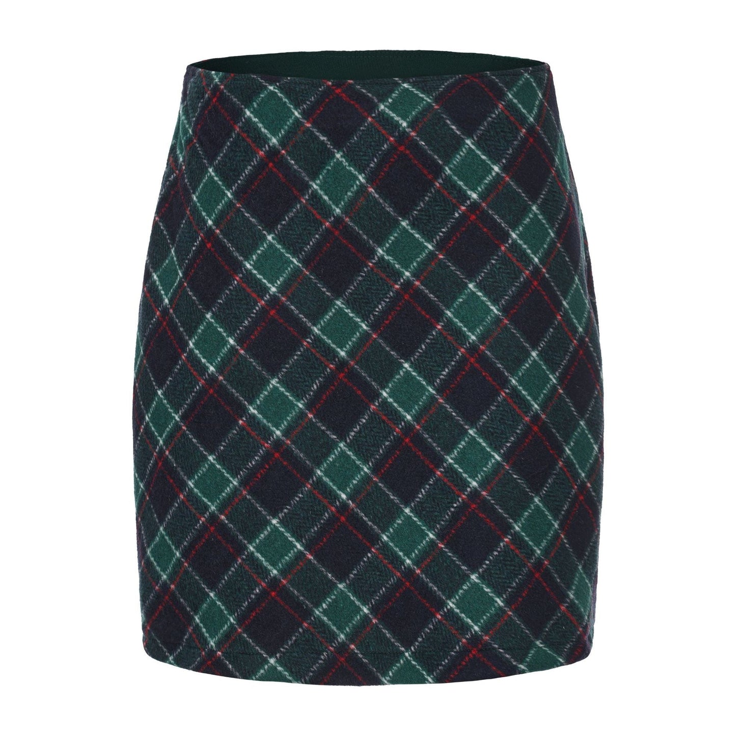 Women Clothing Autumn Winter Woolen Skirt Plaid High Waist Elastic Solid Color Zipper Skirt