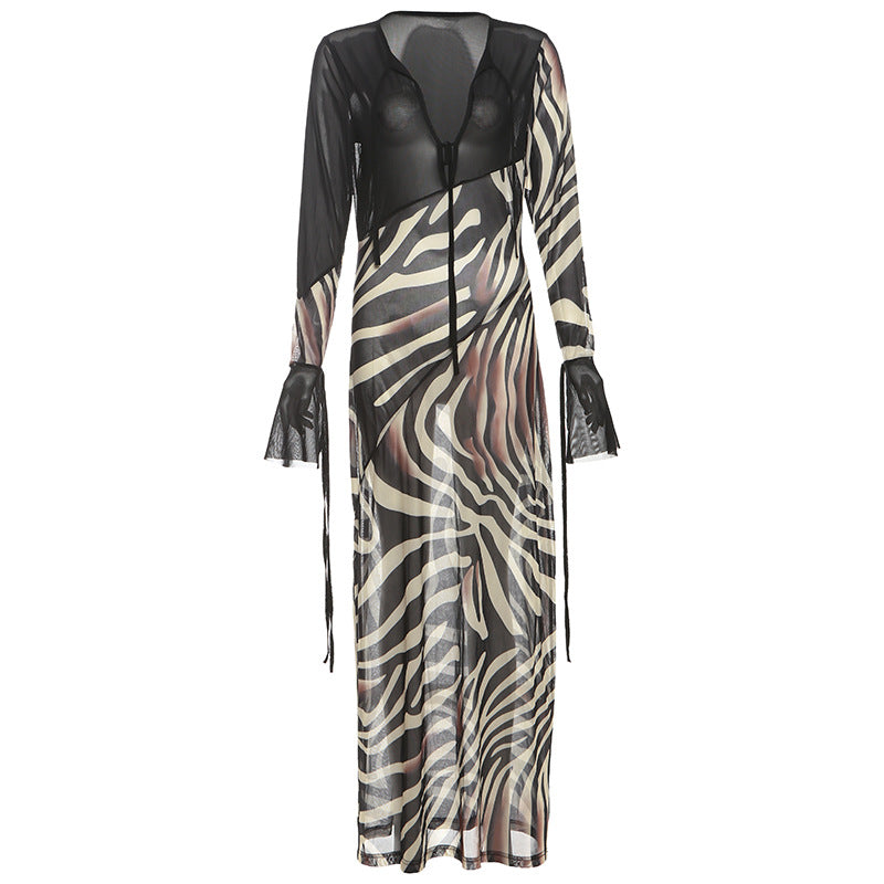 Summer Women Clothing Color Contrast Printed Sexy V neck Mesh Long Sleeve Dress