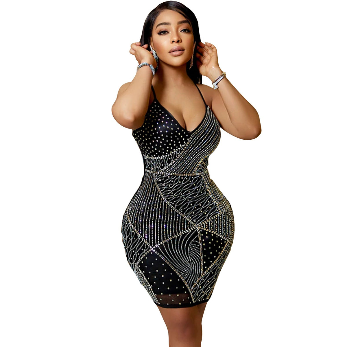 Summer Women Clothing Sexy V-neck Backless Nightclub Rhinestone Dress for Women