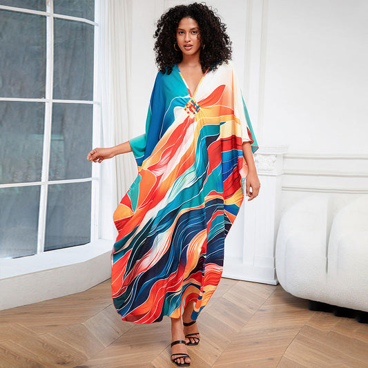 Positioning Print Holiday Loose plus Size Robe Beach Cover up Dress Bikini Cover-up Women's Clothing
