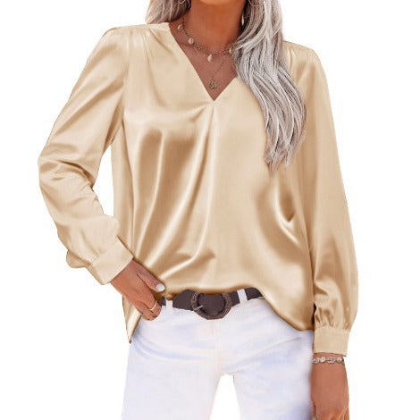 Women Satin Pleated Long Sleeved Top V neck Casual Loose Satin Office Shirt