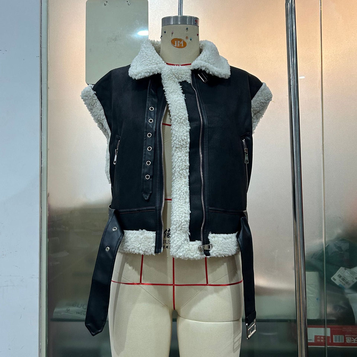Women Clothing Motorcycle Zipper Faux Shearling Jacket Stitching Vest Vest Coat