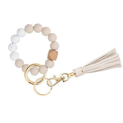 PU Tassel Keychain Bag charm Silicone Beaded Keychain Wristlet Key Ring Bracelet Cute Car Key Chain Holder for Women Girls