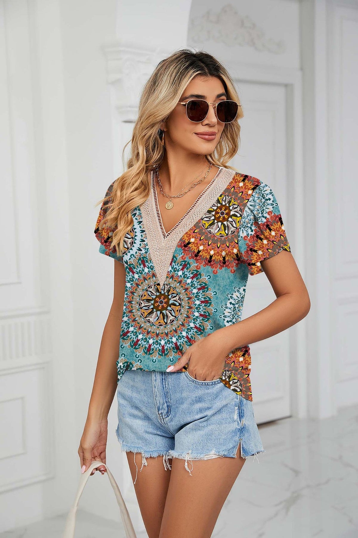Spring Summer Golden Lace V Neck Petal Short Sleeve Floral T Shirt Top