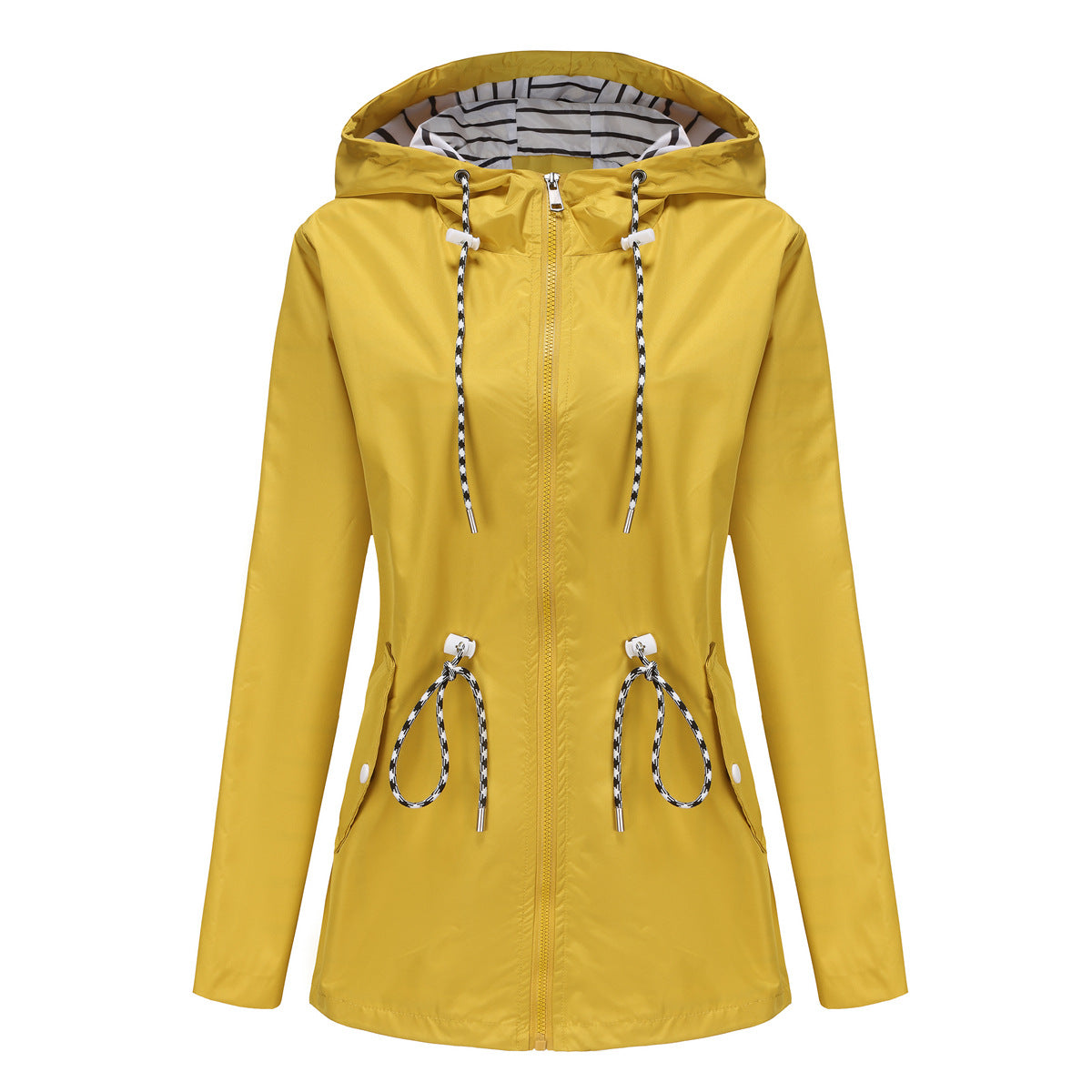 Long Sleeved Waterproof Mid Length Trench Coat Women Hooded Striped Raincoat Women Clothing